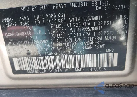 2014 Subaru Outback 2.5I Premium z USA, uszkodzony, nr VIN 4S4BRBCC9E3326087